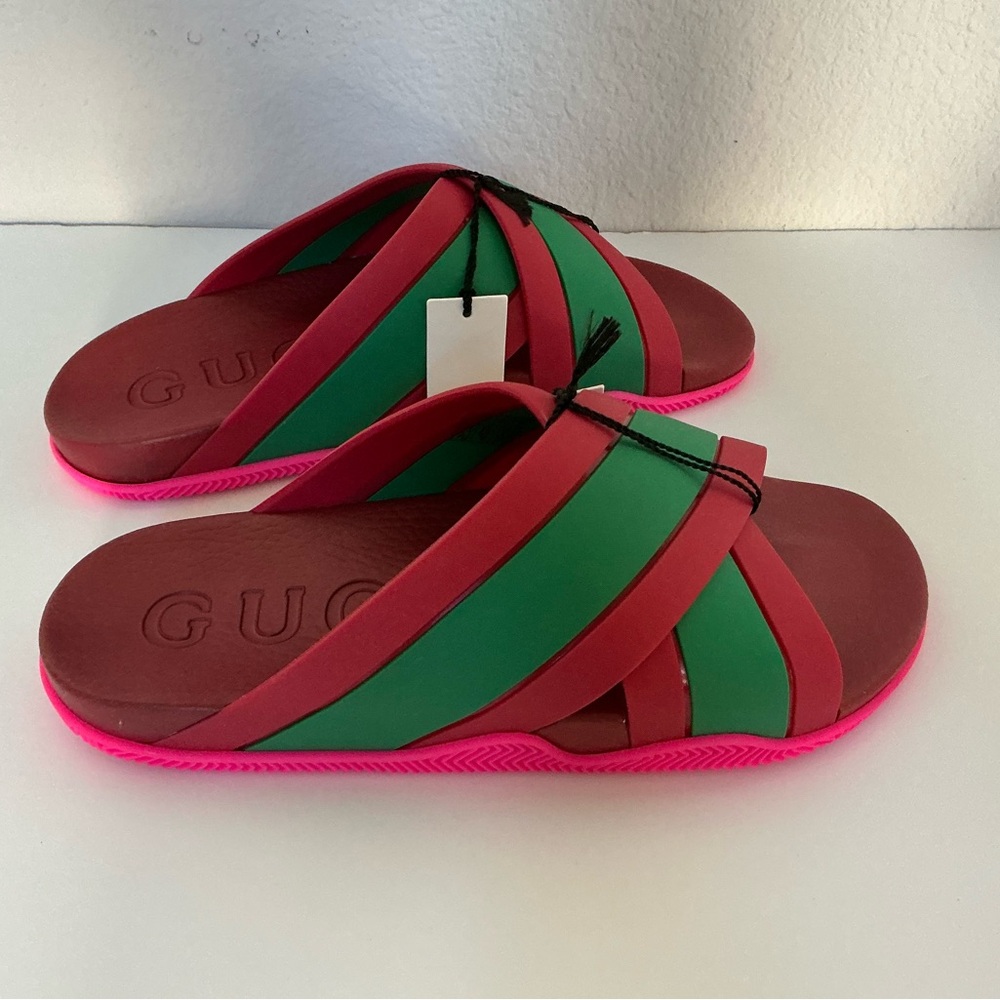 Gucci Coral and Green Striped Crisscross Slides 42 - Picture 3 of 7